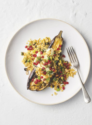 Sicilian-style Cracked Wheat Salad with Roasted Eggplant and Pomegranate 