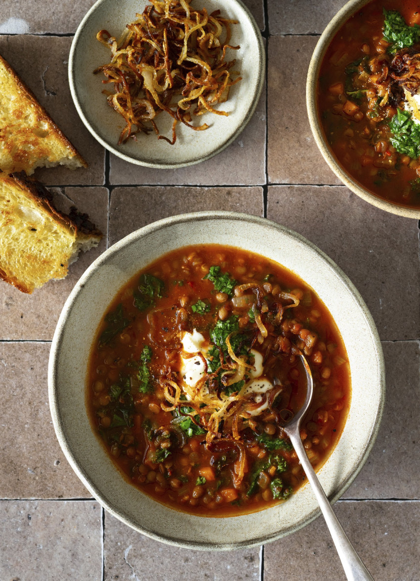 Harissa and Lentil Soup with Crispy Onions and Herbs
