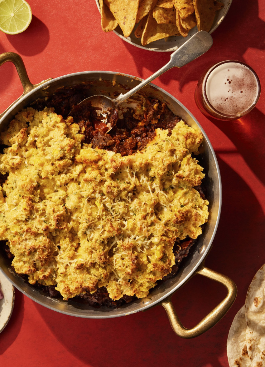 Mexican Beef with Cheesy Cornbread Topping