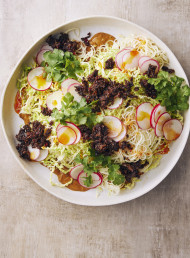 Napa Cabbage and Crunchy Radish Peanut Noodle Slaw with Cheat’s Mushroom XO Sauce 