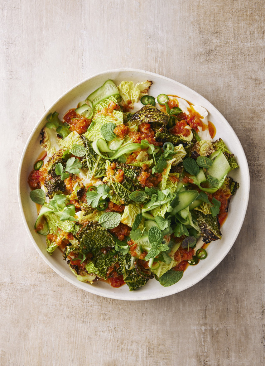 Sesame Roasted Cabbage Salad with Kimchi Dressing and Sesame Tofu Crema