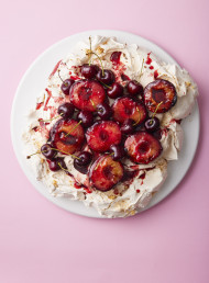 Slab of Pav with Spice Grilled Plums and Chocolate Cream