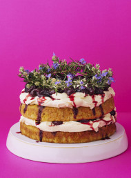 Sour Cherry, White Chocolate and Pistachio Drizzle Cake with Cherry Jam Rippled Icing and Rosemary Wreath 