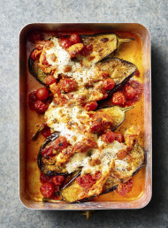 Roasted Eggplant with Chicken Puttanesca and Mozzarella