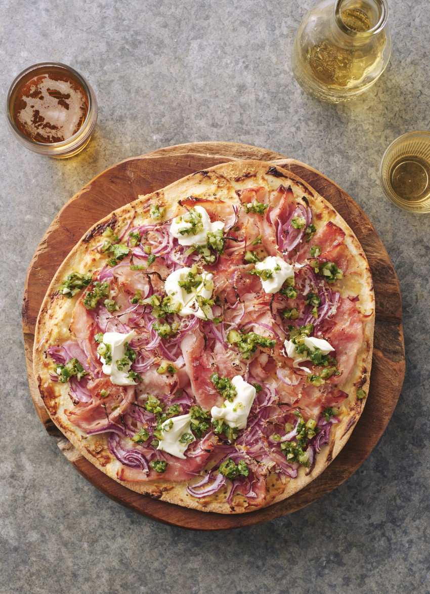 Ham and Mustard Pizza with Green Chilli and Pickle Salsa