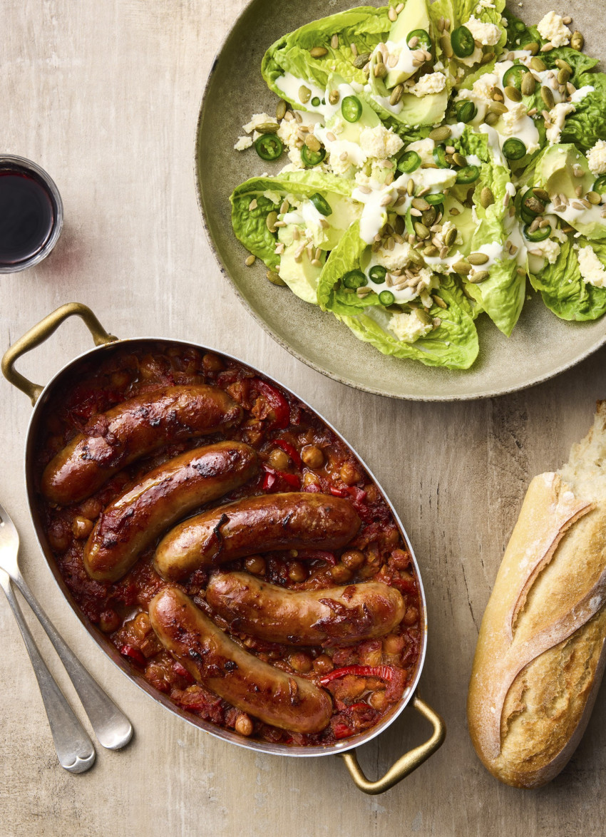 Pork Sausages and Chilli Beans