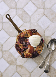 Black Doris Plums and Dark Chocolate Hot Cross Bun Pudding