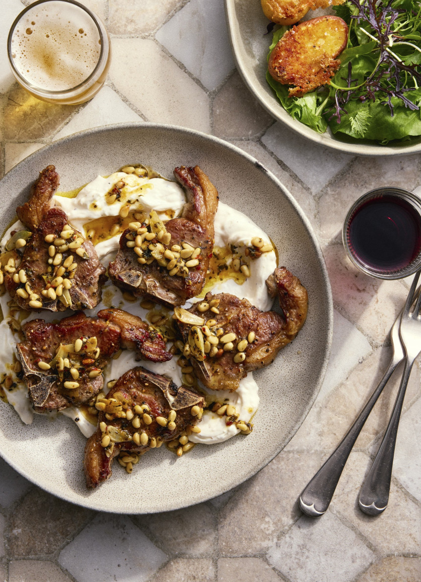 Lamb Loin Chops with Sizzled Garlic, Mint and Pine Nut Butter