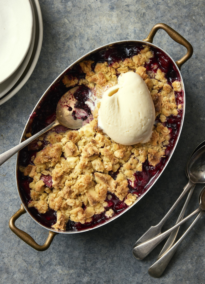 Mixed Berry, Rhubarb and White Chocolate Crumble