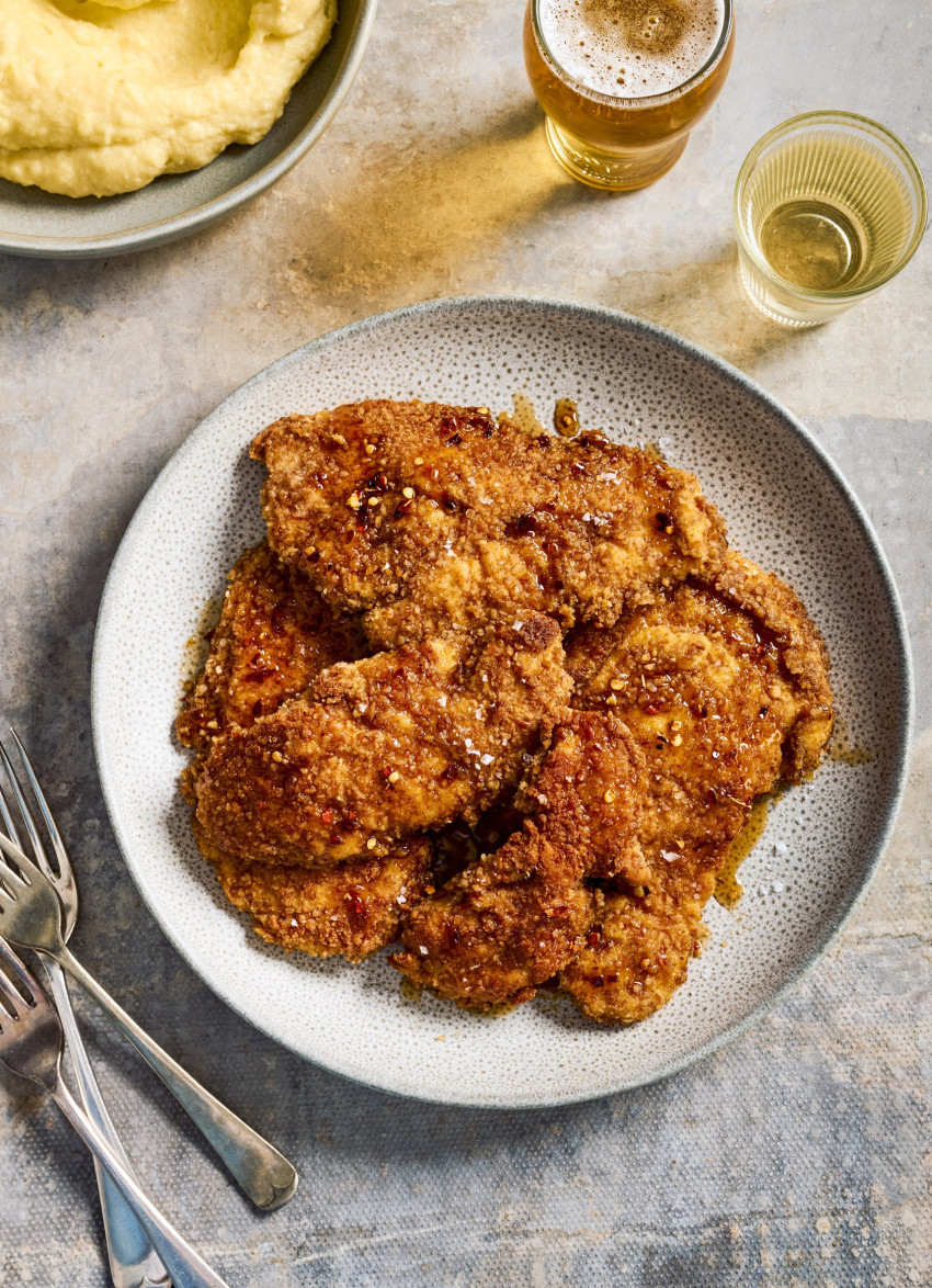 Pretzel-crumbed Chicken Schnitty with Chilli Maple