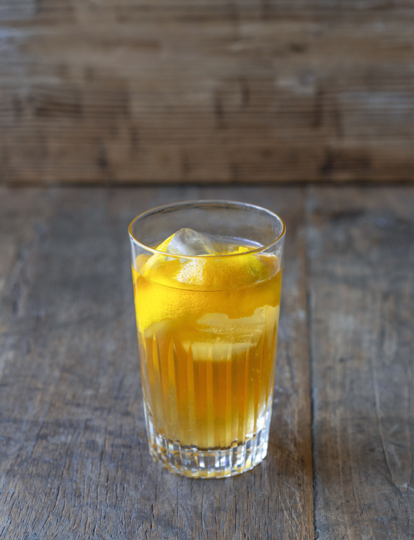 Grapefruit marmalade, pushed through a sieve and chilled ginger tea with lemon peel.