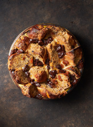 Hot Cross Bun Bread and Butter Pudding with Whisky, Chocolate and Raisins