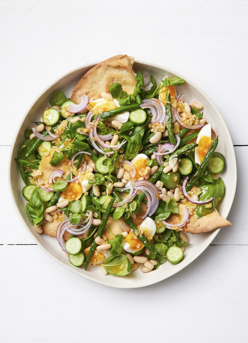 Two Bean and Crisp Flatbread Salad with Soft Eggs