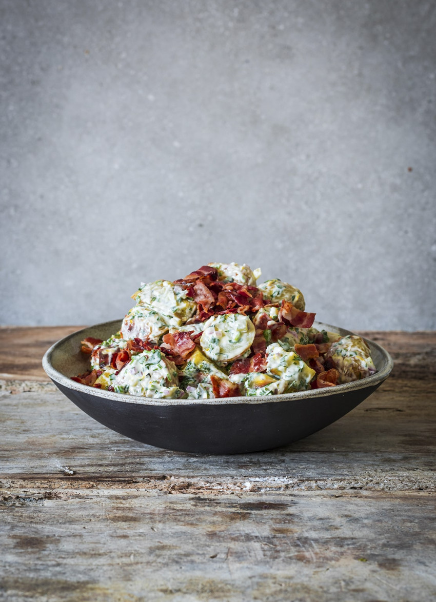 Potato and Kūmara Salad with Herby Lemon Mayo and Pancetta