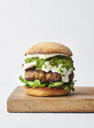 Moroccan Lamb Burgers, Grilled Haloumi and Pistachio Salsa