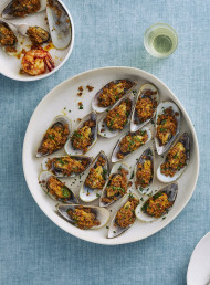 Grilled Mussels with Crispy Chorizo, Parmesan and Fennel Crumbs