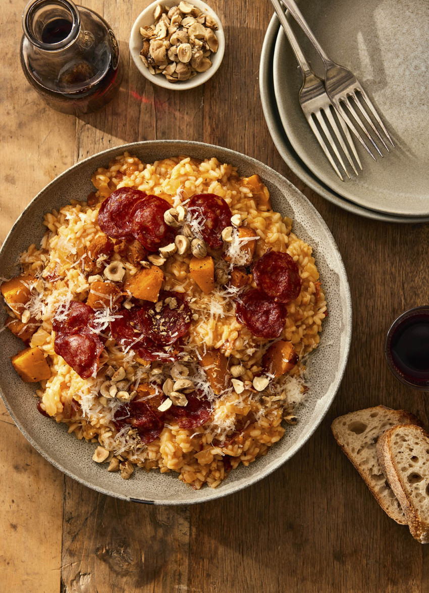 Crispy Chorizo Salami and Roasted Pumpkin Risotto