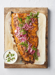 Roast Salmon with Pomegranate Glaze and Herby Yoghurt Mayo