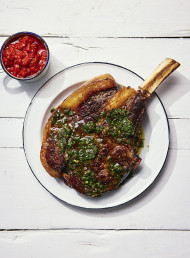 Tomahawk Steak with Roja Salsa and Chimichurri 