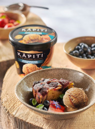 Campfire Summer Berry & Kawakawa Cake with Kāpiti Marlborough Salted Caramel Ice Cream