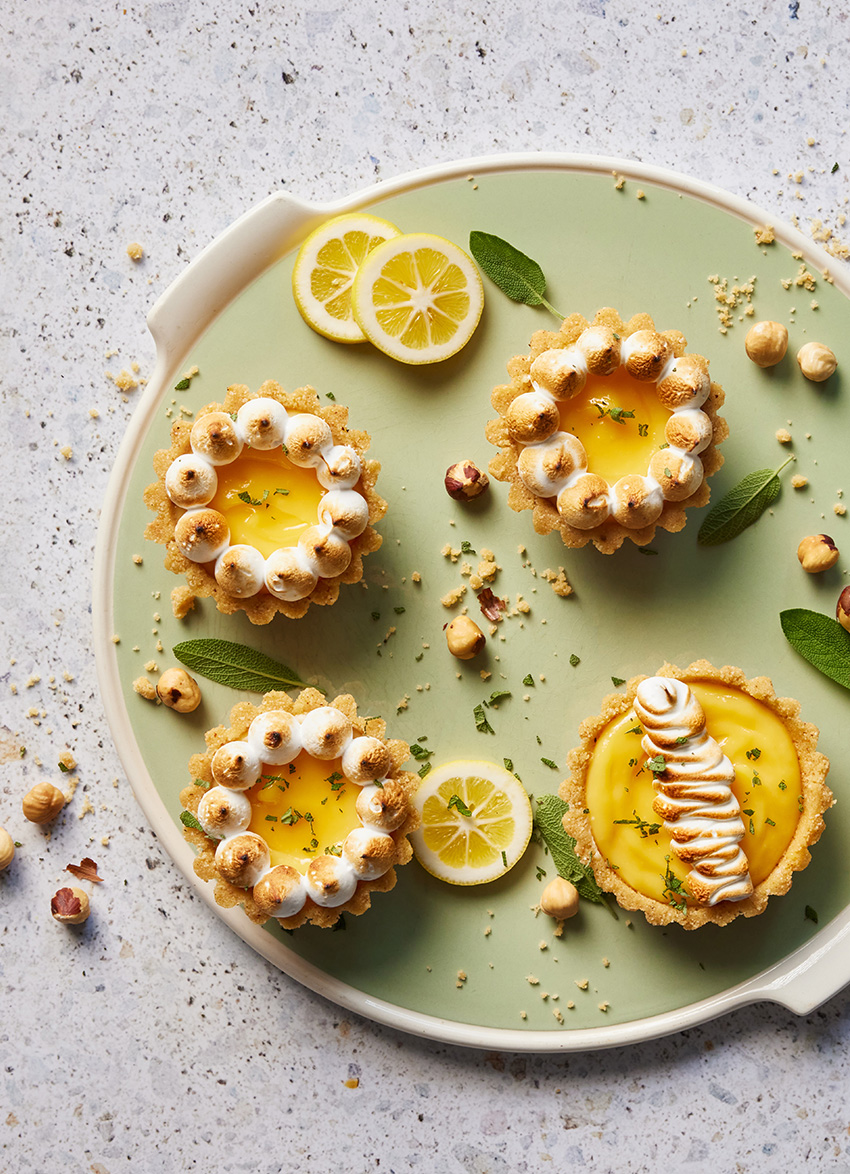 Lemon Meringue, Sage and Hazelnut Tartlets