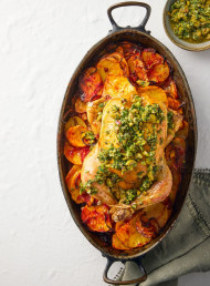 Lemon Roast Chicken with Pistachio and Green Olive Dressing