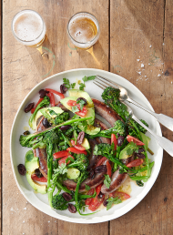 Sausage Coil with Charred Broccolini and Avocado and Olive Salsa