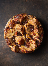 Hot Cross Bun Bread and Butter Pudding with Whisky, Chocolate and Raisins