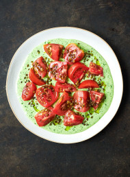 Heirloom Tomatoes with Basil Buttermilk and Fried Lentils