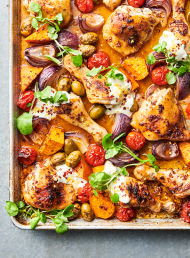 Harissa Roasted Chicken with Kūmara and Green Olives