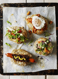Baked Potatoes with Devilled Onions, Kransky Sausages and Mayo