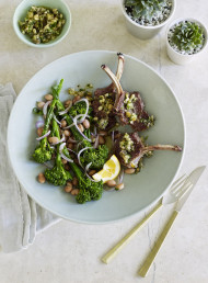 Lamb Cutlets with Sicilian Salsa, Broccolini and Borlotti Beans
