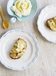 Pear and Almond Frangipane Bruschetta with Honeyed Creme Fraiche