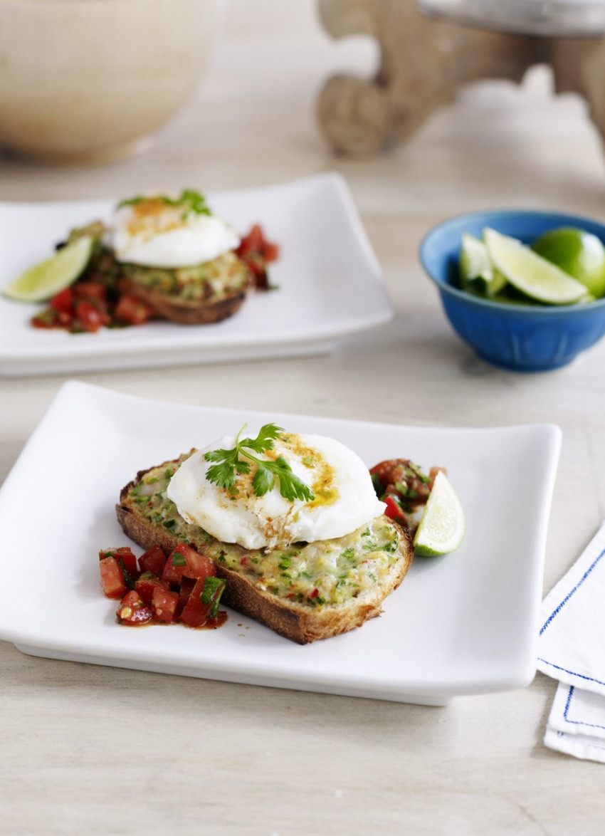 Prawn, Coriander and Chilli Toasts with Poached Eggs and Harissa