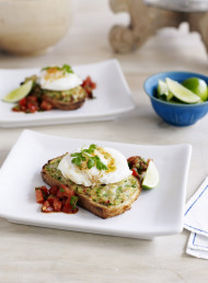 Prawn, Coriander and Chilli Toasts with Poached Eggs and Harissa