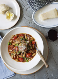 Chicken and Spinach Meatballs on Tomato and Beans