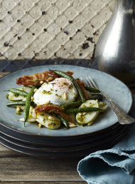 Potato, Bean and Pancetta Salad with Poached Eggs and Pesto Dressing