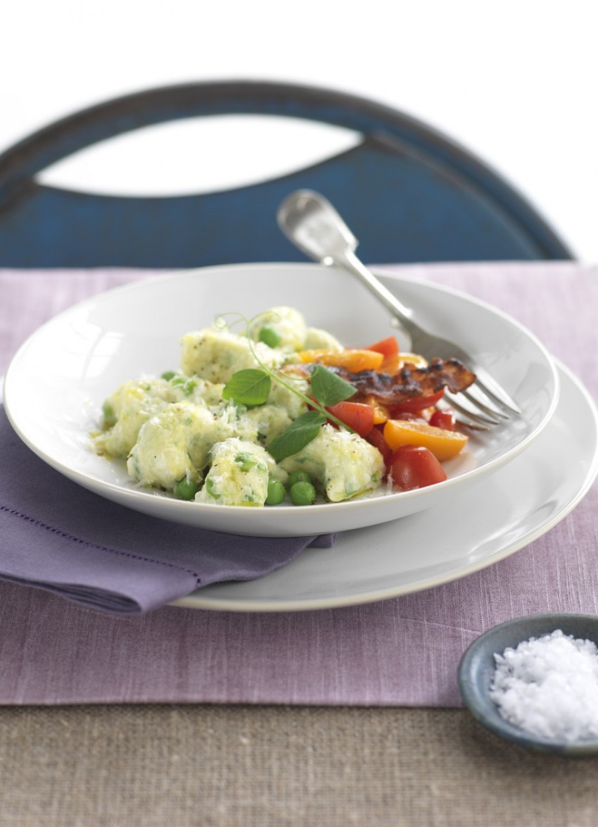 Ricotta, Pea and Herb Gnocchi with Fresh Tomato Salsa and Crispy Pancetta