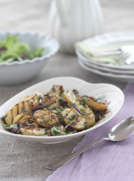 Grilled New Season Potatoes with Crispy Onions, Capers and Olives