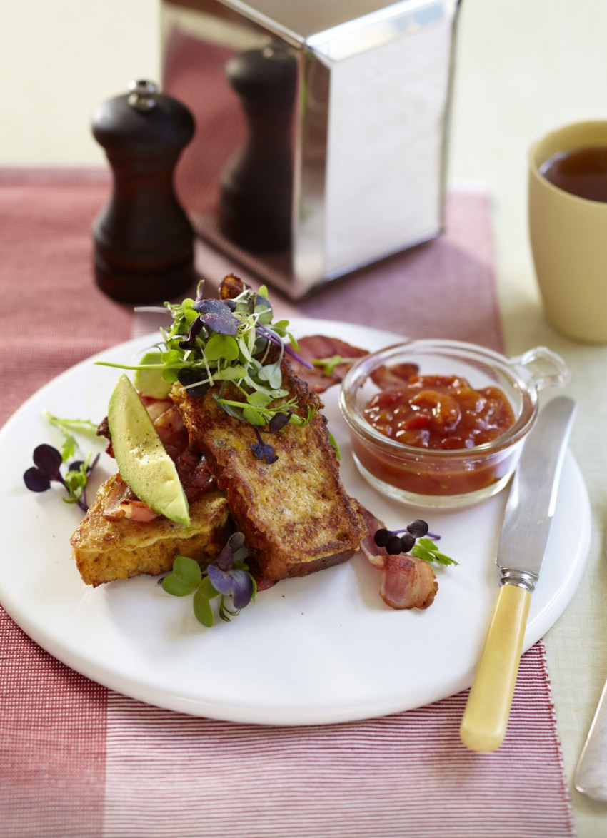 Cheesy Cornbread French Toast with Bacon and Avocado