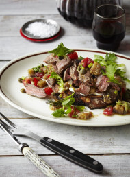 Steak Bruschetta with Eggplant and Tomato Salad