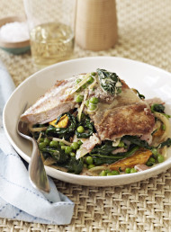 Pork Chops with Spinach, Peas and Bacon