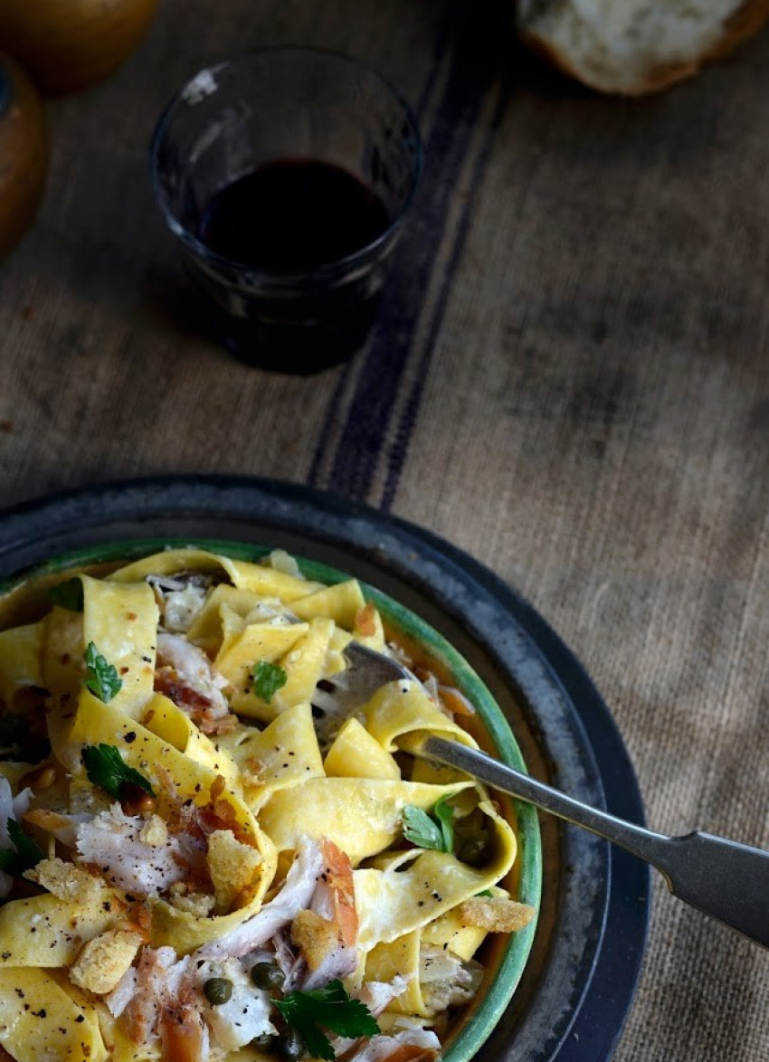 Creamy Smoked Fish Pappardelle with Garlic, Parsley, Lemon and Capers