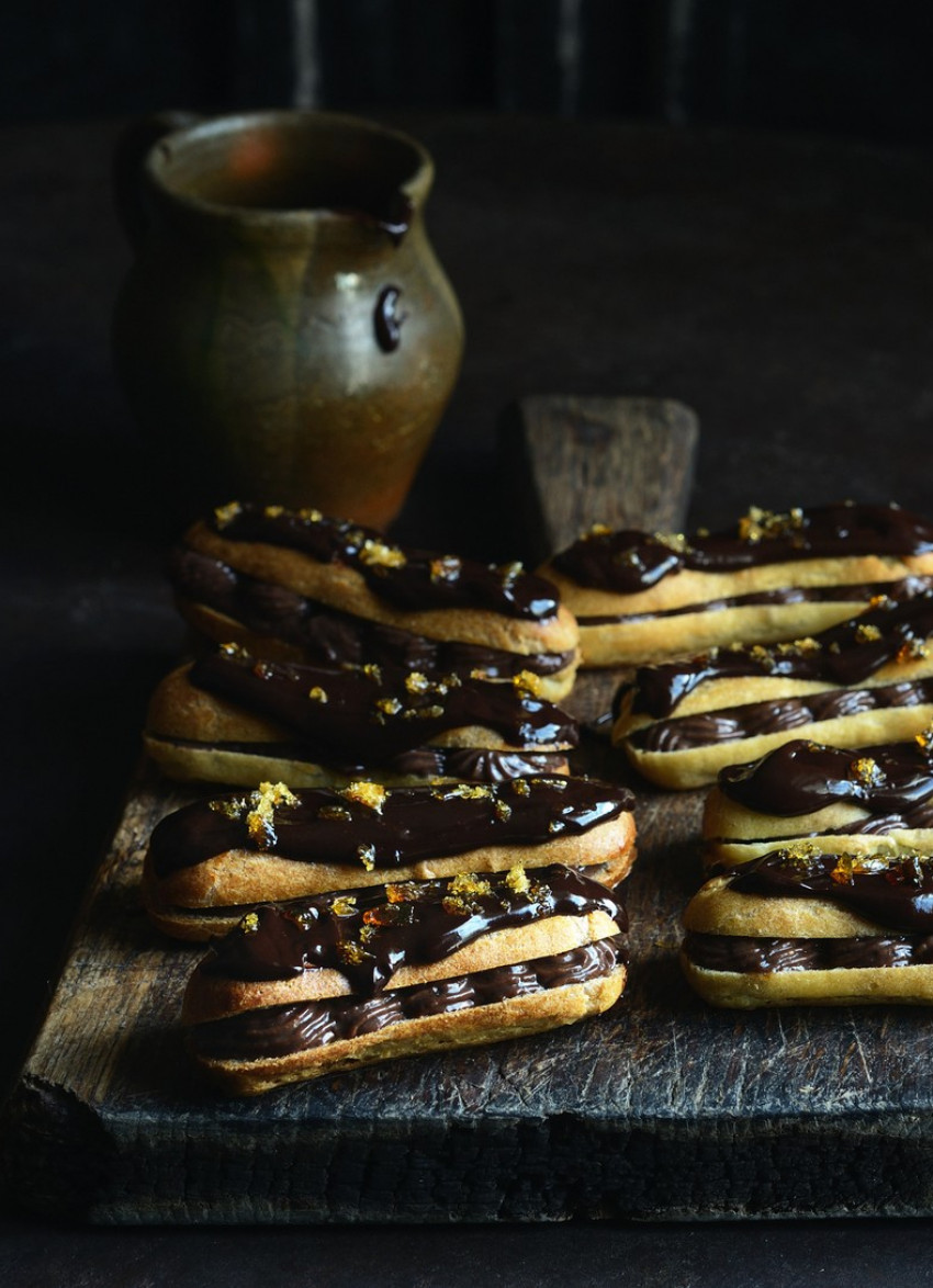 Eclairs with Chocolate Crème Patissiere, Ganache and Praline