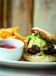 Grilled Hamburger with Cheddar Cheese on Toasted English Muffin with Parsley-Shallot Butter