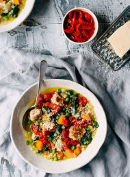 Greens and Steline Soup with Pork and Thyme Meatballs