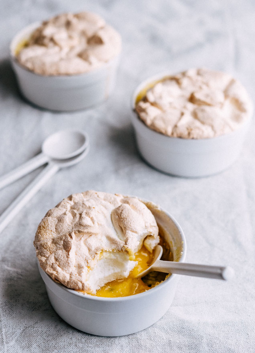 Hot Lemon Meringue and Passionfruit Puddings