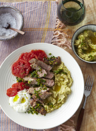 Pork Steaks with Artichoke Hummus