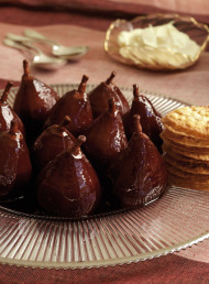 Pears with Red Wine and Cassis, Mascarpone and Almond Crisps