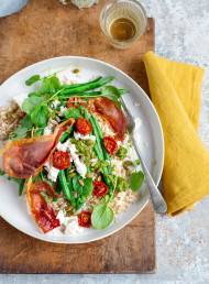 Quick Brown Rice Salad with Green Beans, Feta, Slow-Roasted Tomatoes and Crispy Prosciutto